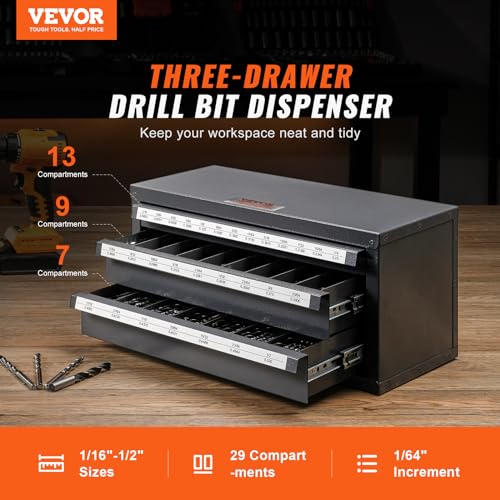 VEVOR Drill Bit Dispenser Cabinet – 3-Drawer Organizer, 29 Compartments, 1/16"–1/2" in 1/64" Increments (Jobber Length)