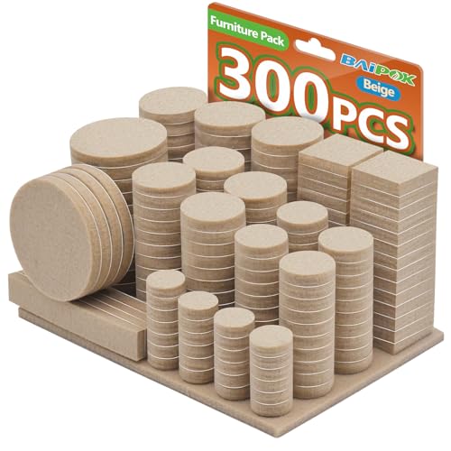 BAIPOK Beige Furniture Felt Pads 300 Pack for Hardwood Floors - Protect & Reduce Noise
