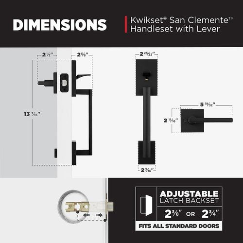 Kwikset San Clemente Front Door Handle No Lock, Entry Handleset Exterior with Interior Reversible Handed Lever, Non-Locking, Matte Black, Deadbolt Not Included, with Microban Protection