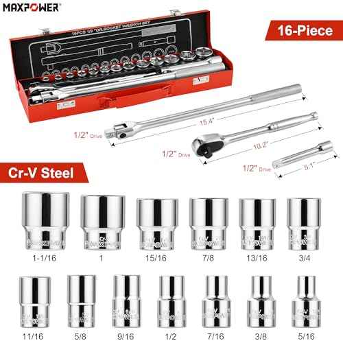 MAXPOWER 1/2" Drive Socket Wrench Set, 16-Piece, Including 13-Piece SAE Sockets, 1/2" Drive Breaker Bar, 1/2" Ratchet Wrench and Extension Bar