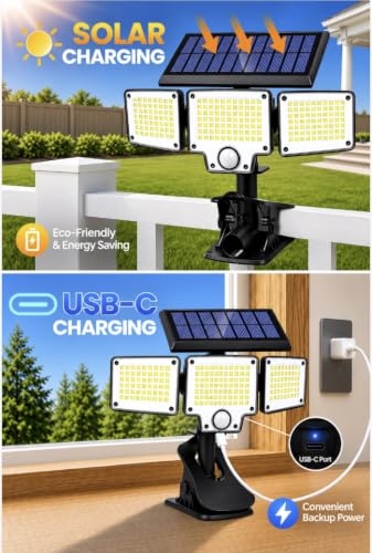 LUHLEE 2-Pack Clip-On Solar Flood Lights with Motion Sensor, 3000mAh Battery, Remote Control