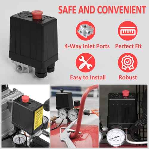 Wadoy Central Pneumatic Air Compressor Pressure Switch Control Valve Upgraded Replacement for Parts 90-120 PSI 240V 4-Way Air Compressor Pressure Switch