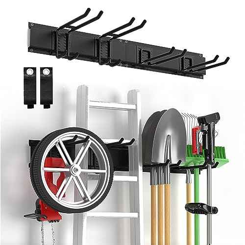 Garage Tool Organizer Wall Mount, Yard Garden Tool Organizer, Adjustable Tool Storage Rack with 4 Heavy Duty Steel Hooks, Max Load 200lbs Garage Organization, Black