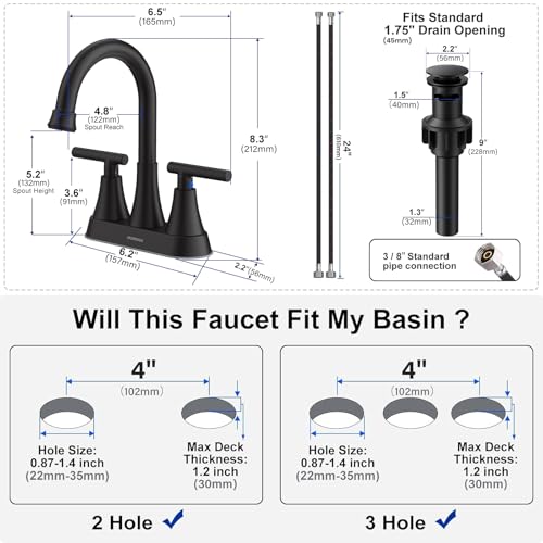 Hurran Matte Black 4-Inch Centerset Bathroom Faucet with 2 Handles, Lead-Free