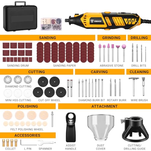 DEKOPRO Rotary Tool Kit Yellow, 1.5-Amp Corded Power with 129 Accessories