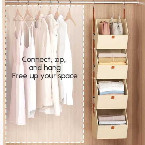 Hanging Closet Organizer 4 Tier - Clothes Hanging Shelves, Space-Saving Closet System, Fabric Storage Bins Bedroom Organization, Collapsible Baskets for Home, Dorm, Rv, Beige
