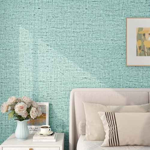 FunStick Light Teal Green Grasscloth Peel and Stick Wallpaper Textured Removable Renter Friendly Wall Paper for Bedroom Bathroom Walls Blue Aqua Green Kitchen Cabinet Contact Paper Waterproof 16"x80"
