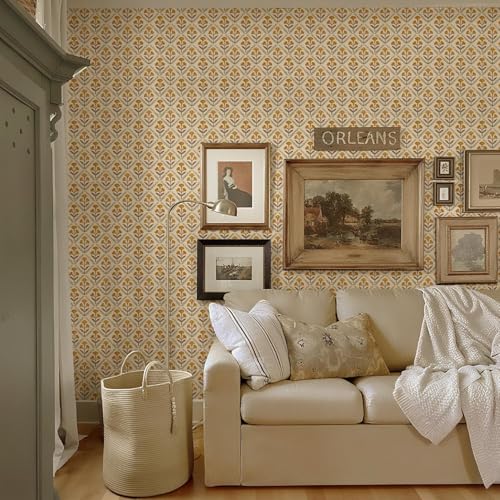 Dimoon Orange Floral Peel and Stick Wallpaper 17.3x78.7 Inches Vintage Cottage