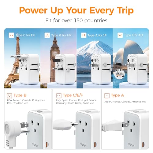 TESSAN Grey Universal Travel Adapter 25W with USB-C & 5-in-1 Power, Ultra Thin