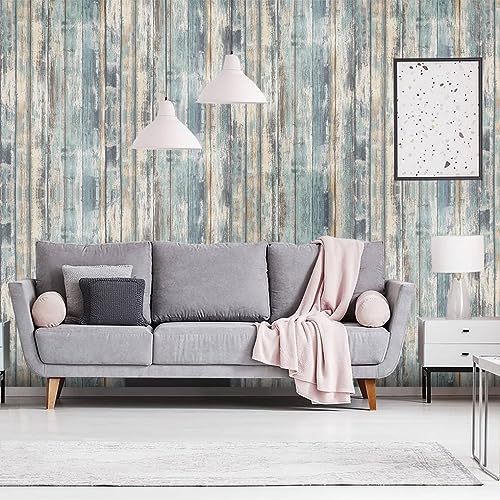 Blue Rustic Wood Wallpaper Peel and Stick 17x120 Inches - Removable Vinyl Wall Covering for Furniture & Walls