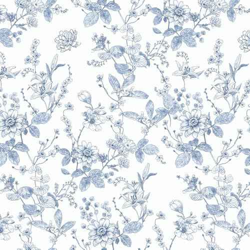 Blue Floral Wallpaper Vintage, Blue White Wallpaper Peel and Stick Removable Botanical Floral Shelf Liner for Bedroom Kitchen Countertop Cabinets Dresser Drawer Furniture 17.7X117 Inches