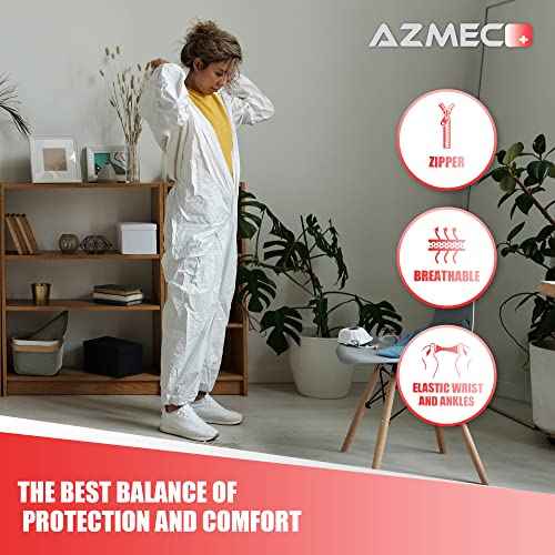 Azmec Coveralls Hazmat Suits Disposable Suit?Elastic Wrists Ankles Zipper Front Entry?High Level of Comfort Breathability?Multiple Purposes?Size (5'2"-6') for Men & Women