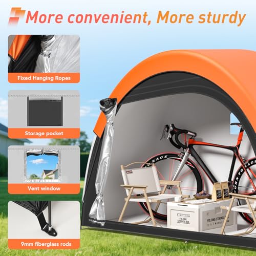 Orange Bike Tent with Rain Cover, Outdoor Storage Shed for 2-3 Bikes - PZT 79x32x65in
