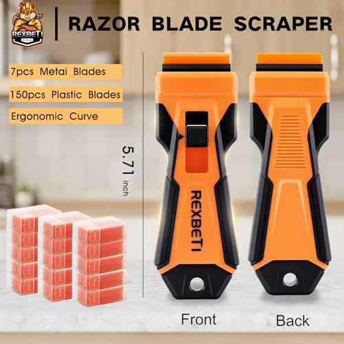 REXBETI Razor Blade Scraper Tool, 1 Pack Razor Scraper with Extra 157Pcs Razor Blades -7Pcs Metal and 150Pcs Plastic Blades, Cleaning Scraper Tool, Cooktop, Paint, Glass Scraper