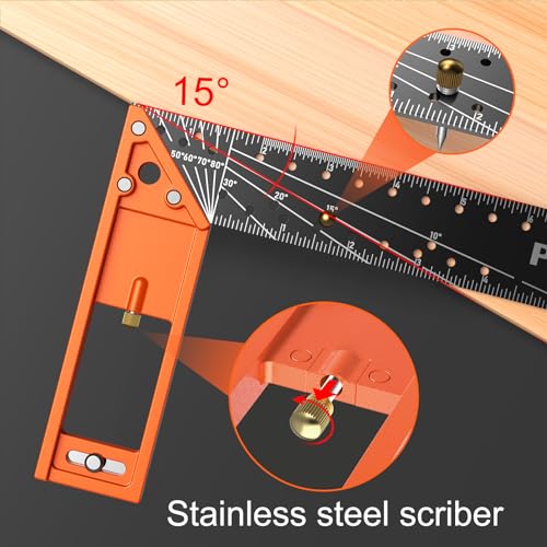 Preciva 12" Right Angle Woodworking Square Ruler with Stainless Steel Blade, Retractable Ledge, 1/16" & 1/32" Notches – Orange 12 in