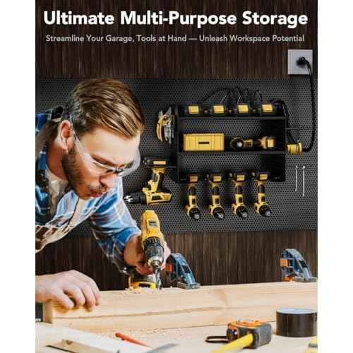 HOEMASY Power Tool Organizer Wall Mount, 3-Tier with 4 Outlet Charging Station | 100lbs Load Heavy Duty Garage Storage Rack for Drills, Batteries, Tools | Gift for Men, Dad, Workshop & Pegboard Black