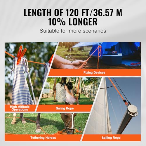 VEVOR Polyester Double Braided Rope 1/2 Inch x 120 Ft Outdoor Climbing and Rigging Rope