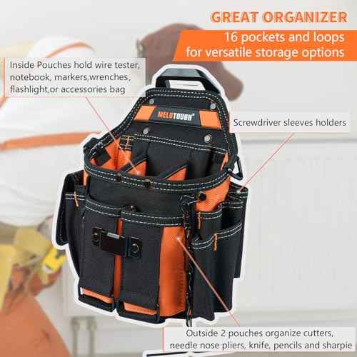 MELOTOUGH Electrician Tool Pouch Bag with Shoulder Strap Professional 15 Pockets Tool Pouch with Belt Clip Quickly Attach and Release Tool Bag