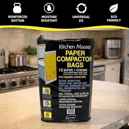 Kitchen Master 12 Pack Pre-Cuffed Compactor Bags, 15-Inch Universal Fit, Paper Liners