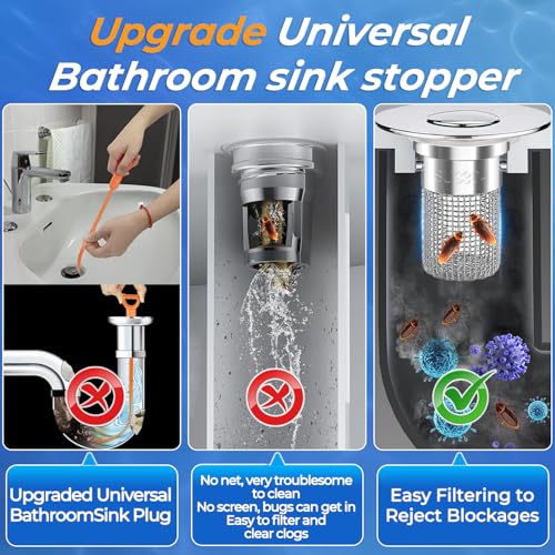 TopmeiUP Sliver 2-Pack Bathroom Sink Drain Strainers with Pop-up Mechanism, Hair Catcher & Removable Basket