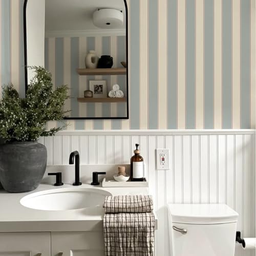 Baolanzw Blue & White Cream Striped Peel & Stick Wallpaper - 17.32"x118.11"