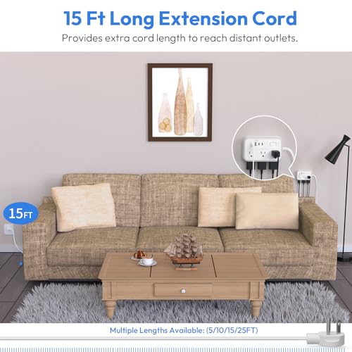 NTONPOWER 15 FT Flat Plug Extension Cord with Surge Protector & 6 Outlets
