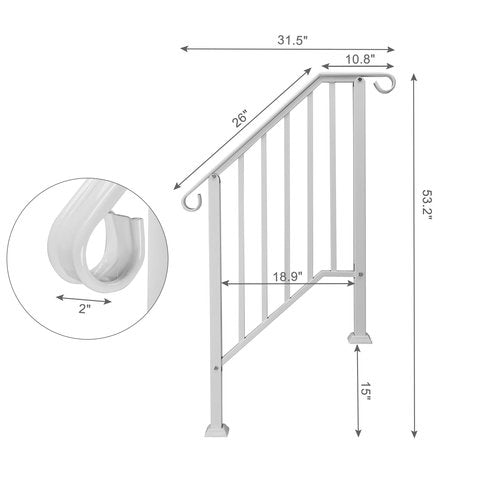 Kshioe Handrails for Outdoor Steps Fits 1 to 4 Steps, Wrought Iron Stair Railing for Outdoor Porch, All Weather Use Stair Rails on Concrete Steps, White (White, 2-3 Steps)
