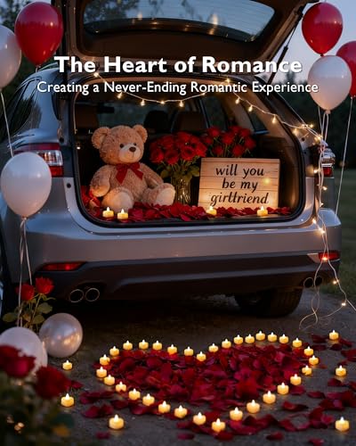 Amagic Romantic Rose Petals & Heart LED Tea Lights Kit for Proposals & Weddings - 1000 Red-Black Petals + 12 White Candles