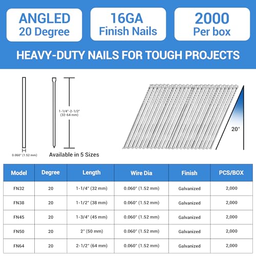 Meite 16 Gauge Finish Nails 2-1/2 Inch Box of 2,000 Galvanized Angled Nails