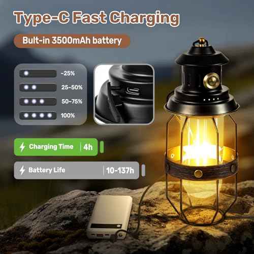Metal LED Retro Camping Lantern, 2-in-1 Hanging/Standing, Dimmable, 3500mAh Rechargeable, Water Resistant, Brown