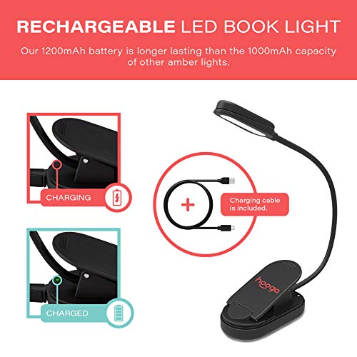 Hooga Amber Book Light - Rechargeable Clip-On Blue Light Blocking Reading Light, 1600K Warm Eye Care for Bed, Travel, Kids