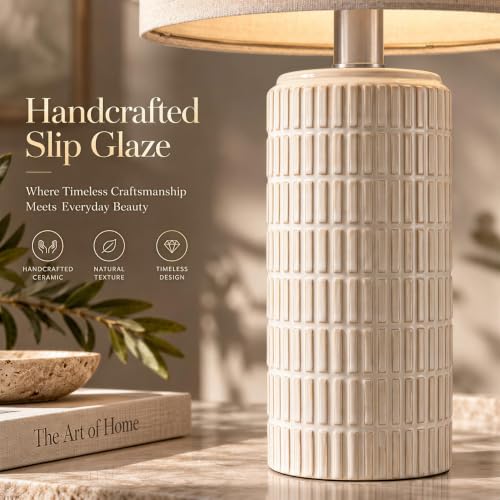 PoKat 23-Inch Modern Ceramic Table Lamp Set of 2 - Beige and White, Living Room & Bedroom Decor