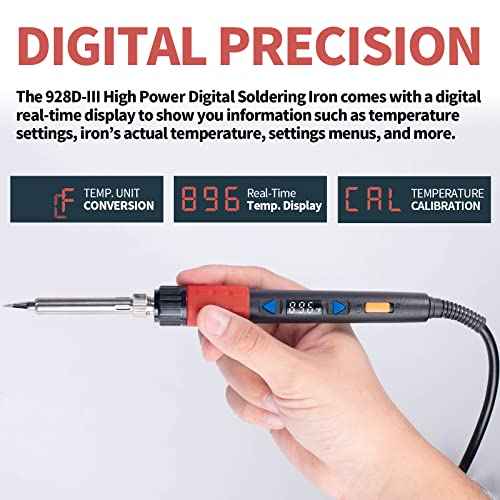 YIHUA 928D-III Soldering Iron,110W High Power, Fully Digital Display ¡ÆF /¡ÆC- Temperature Control Soldering Tool, Accurate 194~896¡ÆF, with ON/OFF Switch, Iron Tip, Brass Wool, Automatic Sleep Mode