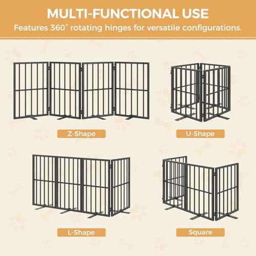 Dog Gate Indoor, Freestanding Foldable Pet Gate for The House, Doorway, Stairs, 64.6" W x 23.6" H Metal Step Over Fence with Support Feet, 4-Panel Pet Puppy Safety Fence, Black DGBK6101
