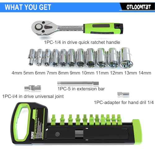 15pcs 1/4 Inch Drive Ratchet Socket Wrench Set, with Metric 4-14mm and Front and Rear Quick Released Ratchet Handle and Extension Bar Universal Joint Hand Drill Adapter, Portable Organizer