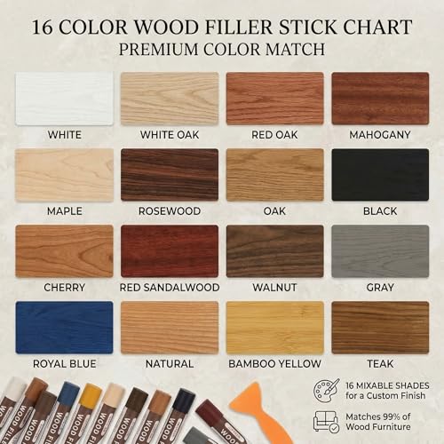 Lifreer 16-Color Wood Filler Sticks for Furniture & Floor Touch-Up - Quick & Durable Repair