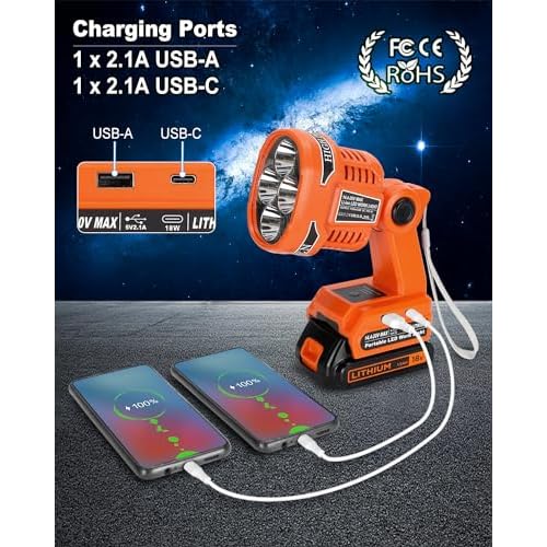 Cordless LED Flashlight for Black and Decker 20v Battery, 22W LED Work Light with USB-A&USB-C 2.1A Fast Charging Ports for Jobsite, Car Repairing, Camping, Emergency