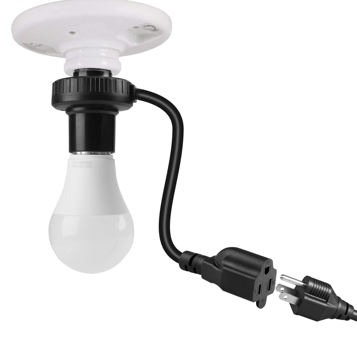 UYODM 3 in 1 Light Socket Outlet Adapter, Support 3 Prong Light Bulb Socket, E26/E27 Light Socket to Plug Adapter with Extension Cord for Garage, Porch, Patio, CCTV Camera(Black)