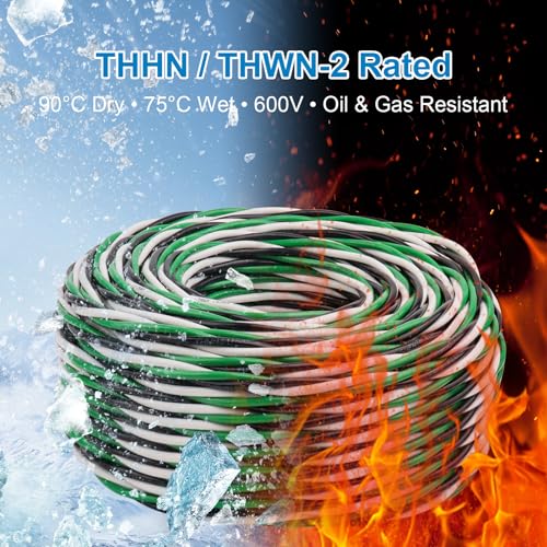 50FT 12 AWG THHN Wire Set - Black White Green Stranded Copper Conductors