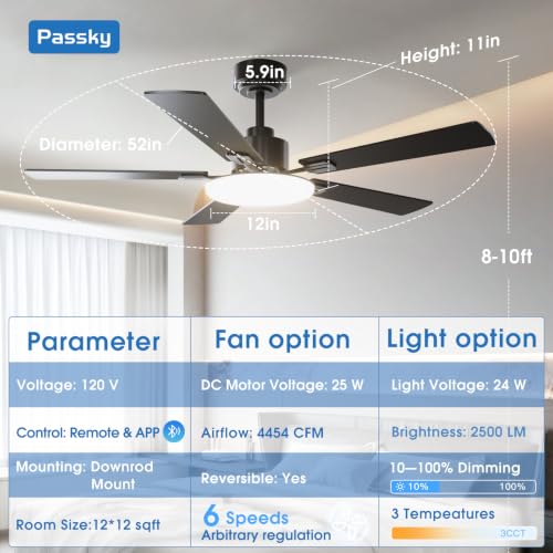 Passky Black 52 Inch Ceiling Fan with Lights & Remote Control