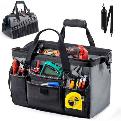 Large Heavy Duty Tool Bag for Men ? 17" Toolbox Organizer with 22 Pockets & Wrench Holder ? Wide Mouth Tool Tote with Anti-Slip Base ? Gift for Handyman, Mechanic, Father's Day
