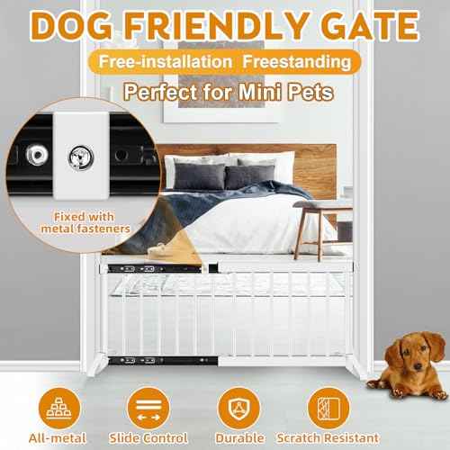 White Metal Dog Gate for Small Dogs - 13.3" Short Freestanding Puppy Gate with Retractable Sliding Rail, No Installation, Indoor/Outdoor Use, Foldable & Portable Pet Barrier