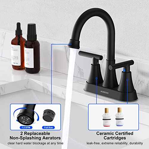 Bathroom Faucets for Sink 3 Hole, Hurran 4 inch Matte Black with Pop-up Drain and 2 Supply Hoses, Stainless Steel Lead-Free 2-Handle Centerset Faucet for Sink Vanity