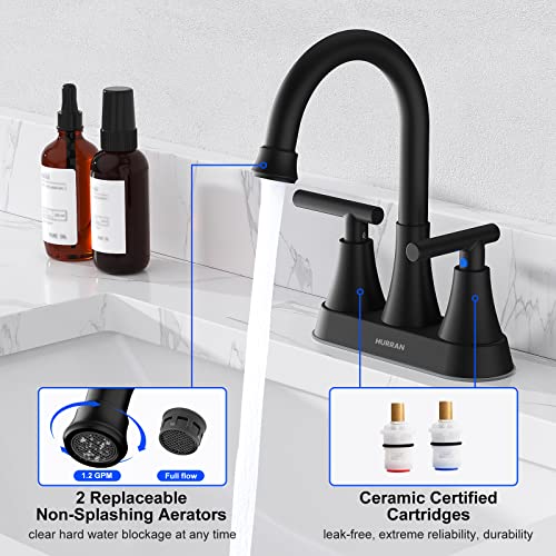 Hurran Matte Black 4-Inch Centerset Bathroom Faucet with 2 Handles, Lead-Free