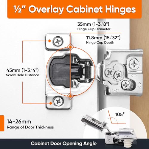 Decobasics 50 Pack 1/2 Inch Soft Close Cabinet Hinges - Concealed Self-Closing Stainless Steel, Adjustable for Face Frame Kitchen Cabinets