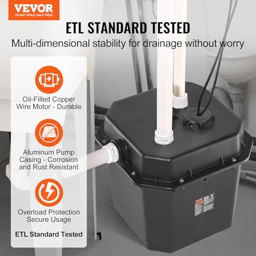 VEVOR 1/3 HP Utility Sink Pump Kit, 2900 GPH Automatic Drain System, 25 ft Head