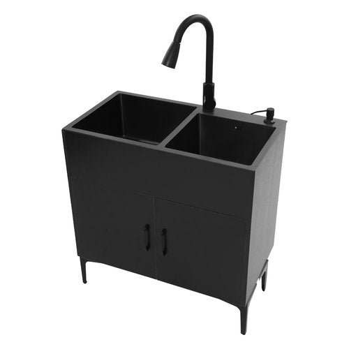 Laundry Sink w/Cabinet &Pull-Out Faucet, Kitchen Sink Cabinet w/Draining Basket, Stainless Steel Double Bowl Utility Sinks, Wash Station Tub for Kitchen Laundry Room(29.5''L*16.1''W*30.7''H) (Black)
