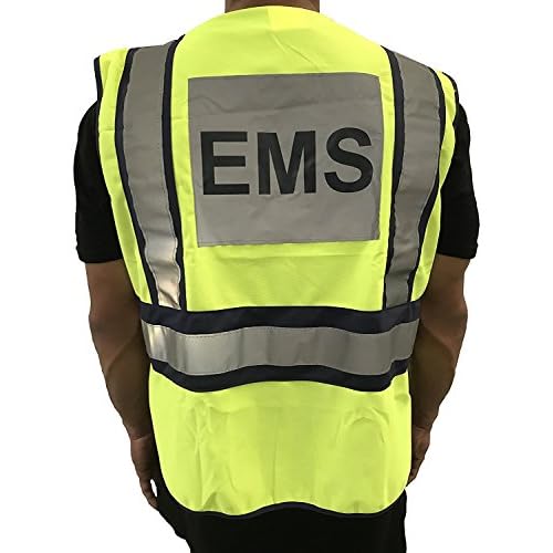 LINE2design High Visibility Front Pocket Safety Vest With Reflective Strips & EMS ANSI Polyester Fabric Yellow with Navy Trim, S-XXL, Average Size is Large