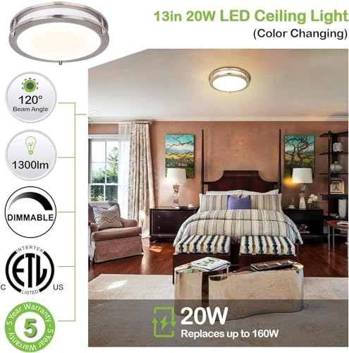 Hykolity 13-Inch Flush Mount LED Ceiling Light Fixture, Brushed Nickel, 5CCT