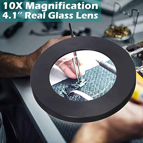 10X Magnifying Glass with Light and Stand, KUVRS Magnetic Helping Hands Soldering Station, PCB Holder Magnifying Lamp, 3 Color Adjustable Arm Hands Free Magnifier with Light for Soldering Craft Hobby